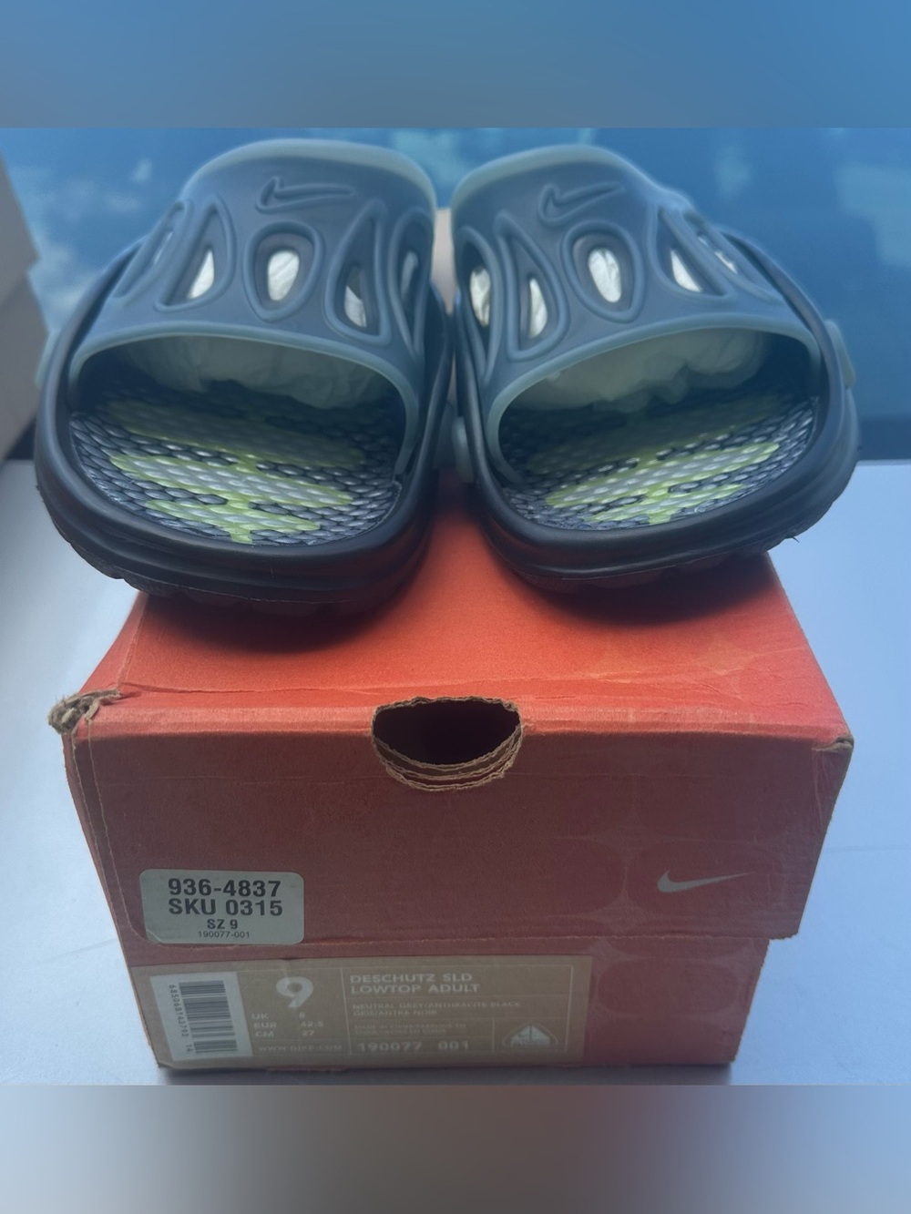 Nike Slides in Dark Gray with Lime Green Footbed